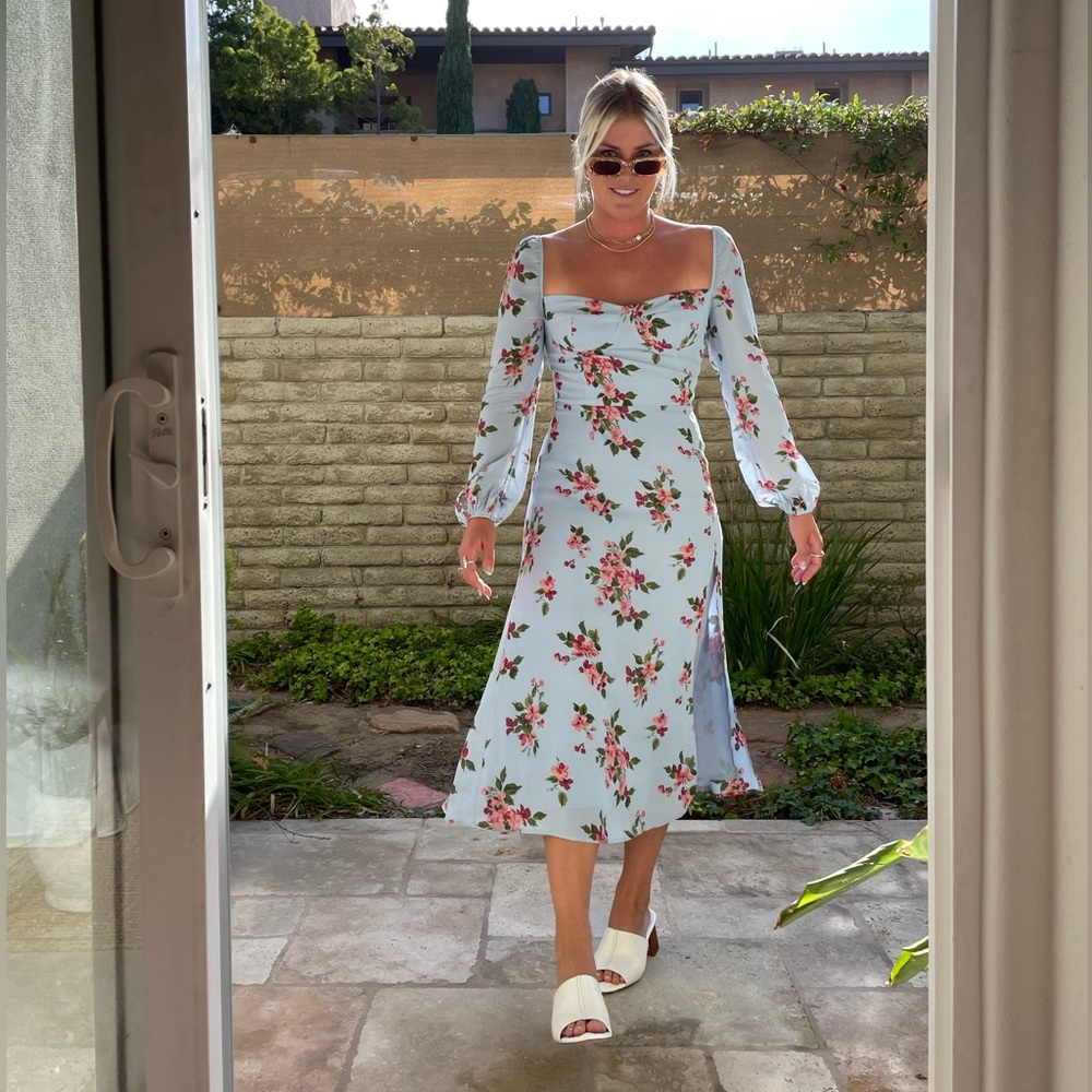 Reformation Light Blue Floral Long Sleeve Dress